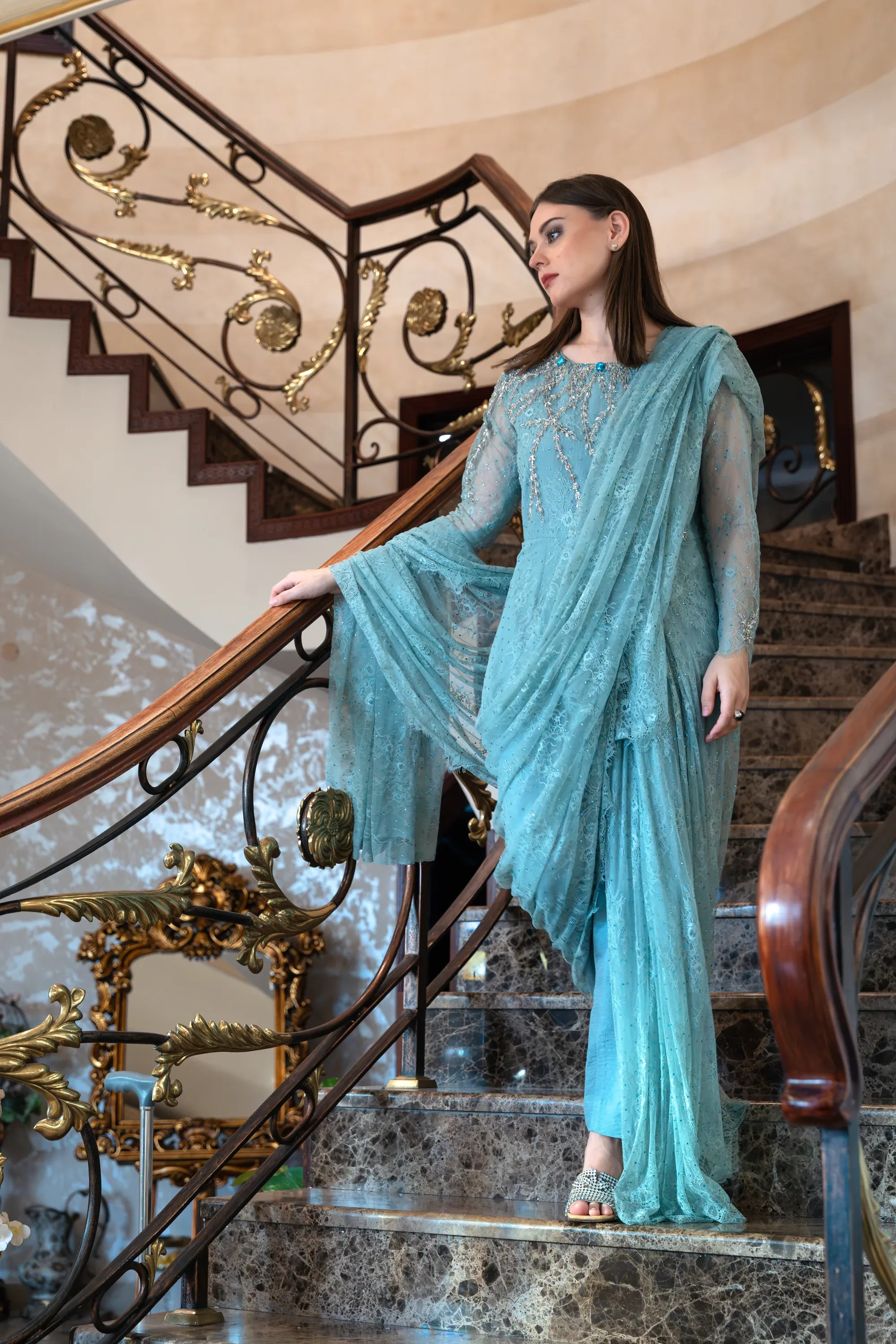 Editorial shoot featuring modern attire in a desert landscape.