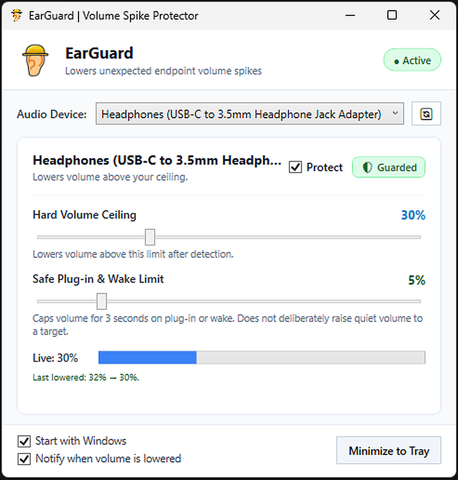 EarGuard native Windows interface showing volume ceiling and endpoint protection