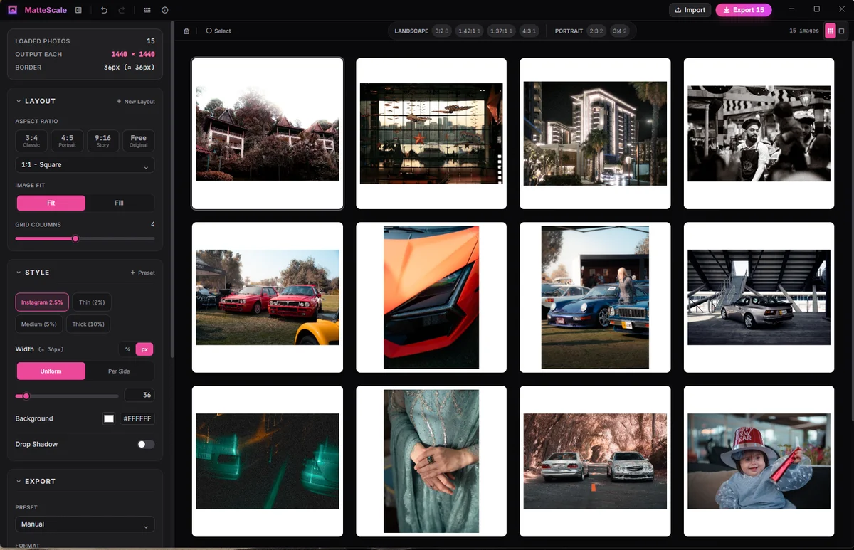 MatteScale workspace with Import and Export in the top bar, one-to-one Fit framing controls, and fifteen photos in a batch grid.