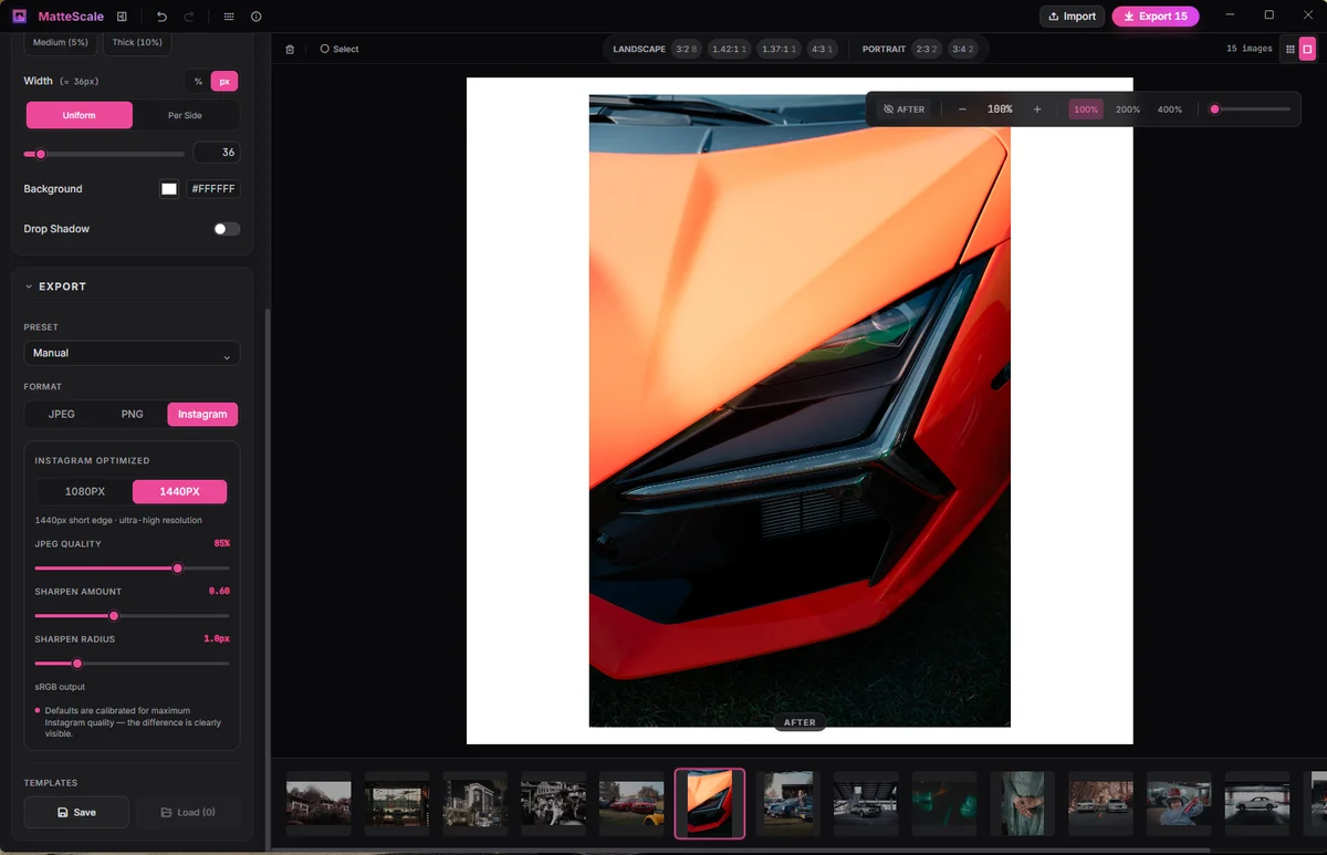 MatteScale workspace showing a full photograph with a white matte border, export controls, and a photo batch.
