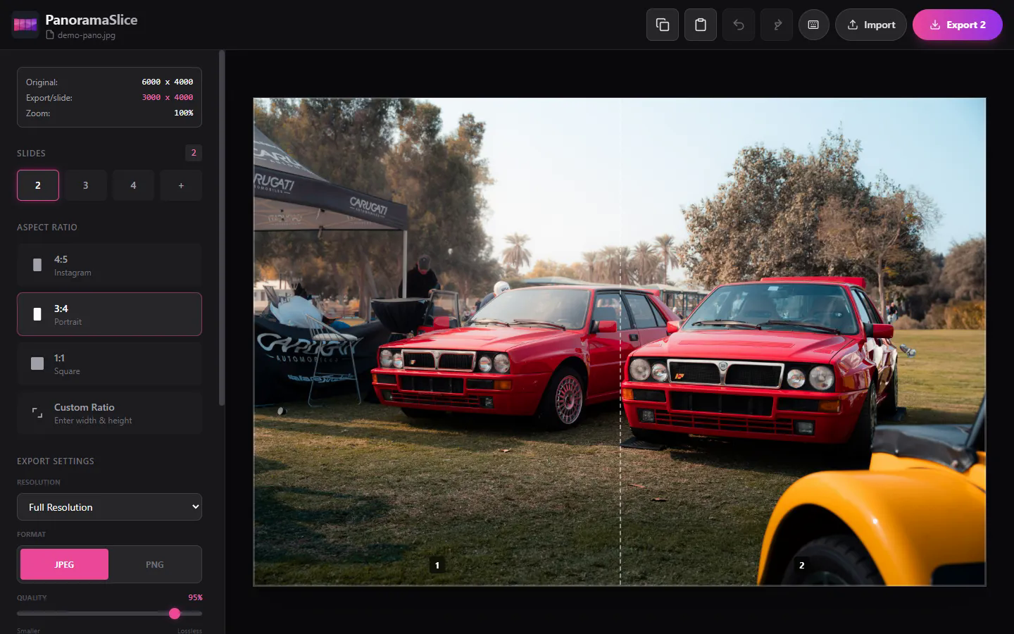 PanoramaSlice workspace showing a wide photograph divided into two aligned portrait slides.